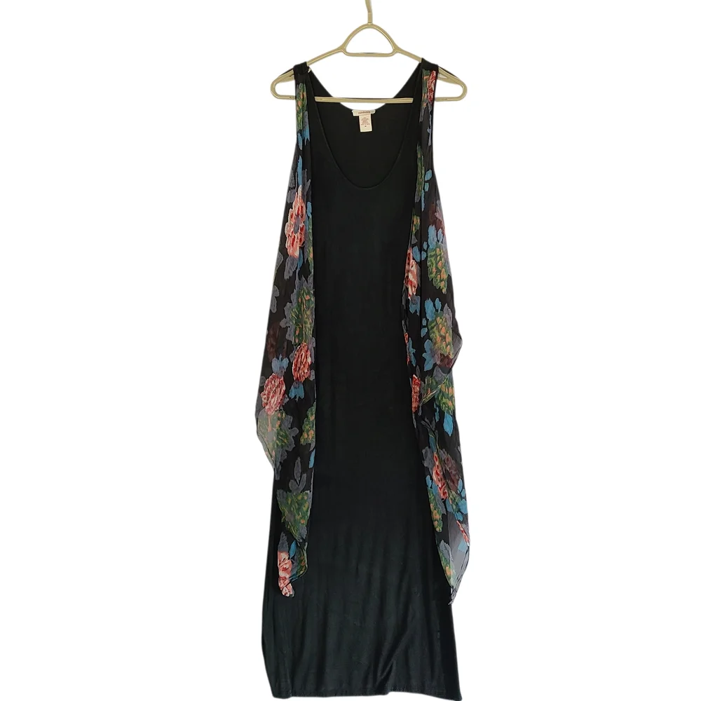 Sundance Black Maxi Dress with Sheer Silk Floral / Peacock Overlay Accent Medium